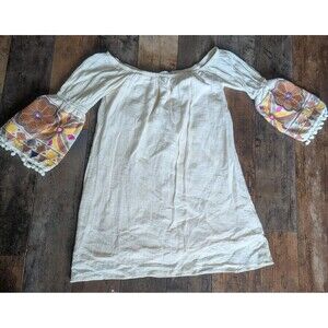 VaVa by Joy Han Boho Embroidered Bell Sleeve Dress Size XS Cream Pom Pom